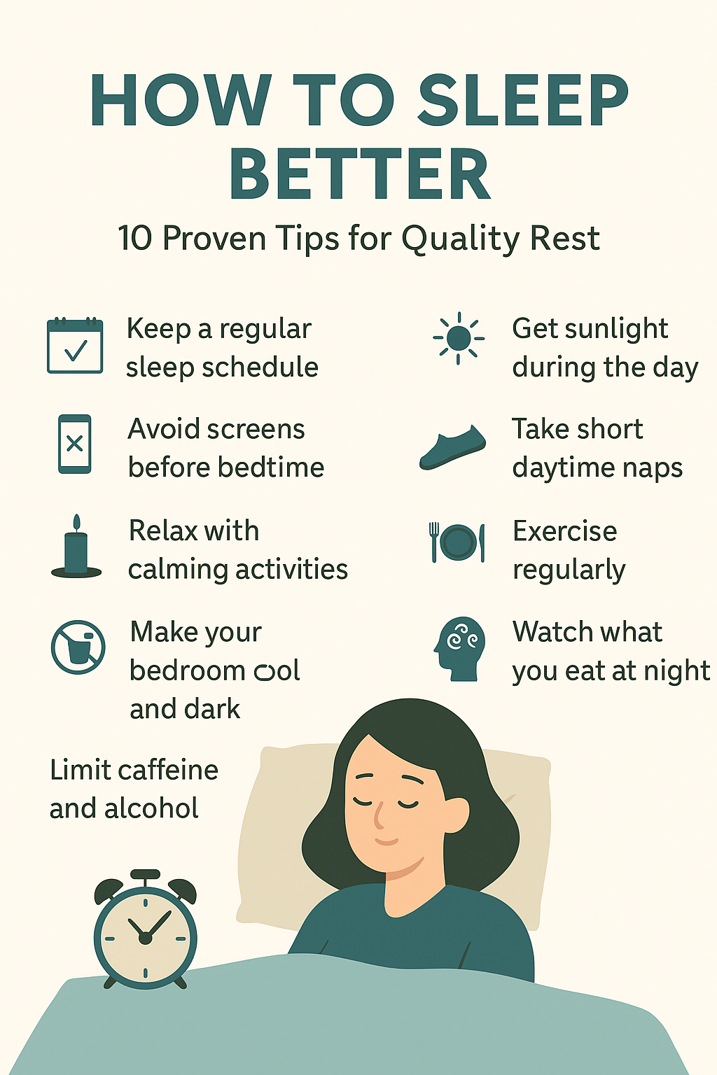 Flat-style illustration representing healthy sleep habits with calming elements such as moon, bed, and nighttime routine visuals