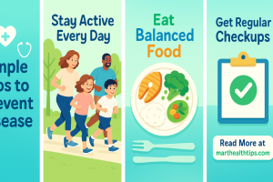 Illustration showing daily tips to prevent disease including exercise, balanced food, and checkups