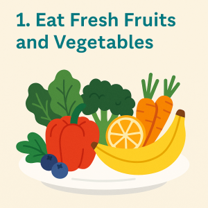 Illustration of fresh fruits and vegetables for senior health benefits