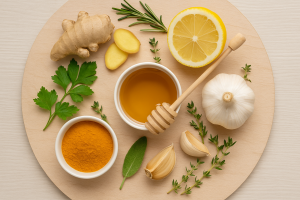 Natural home remedies including ginger, turmeric, lemon, garlic and herbs to relieve common health problems