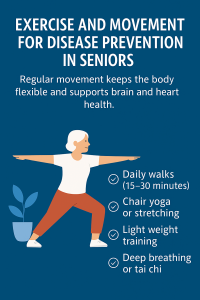 Illustration promoting exercise as a key to disease prevention for seniors
