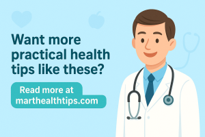 Illustration of a smiling doctor with a stethoscope and a message encouraging readers to visit marthealthtips.com for more health tips