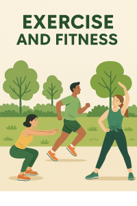 A digital illustration showing three people exercising outdoors in a green park, engaging in jogging, squats, and stretching activities under sunny skies.