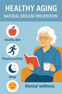 Flat illustration showing healthy lifestyle choices for seniors to prevent disease