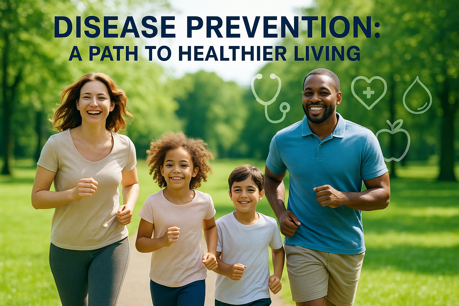 A happy family jogging in a green park, representing health and disease prevention