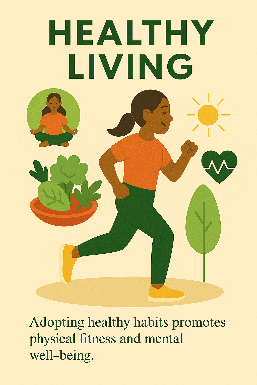 Woman jogging while surrounded by healthy symbols including a salad, sunshine, meditation, and a heart icon