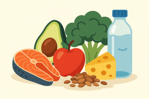 Flat illustration of healthy foods including salmon, avocado, apple, broccoli, cheese, almonds, and a water bottle on a beige background.