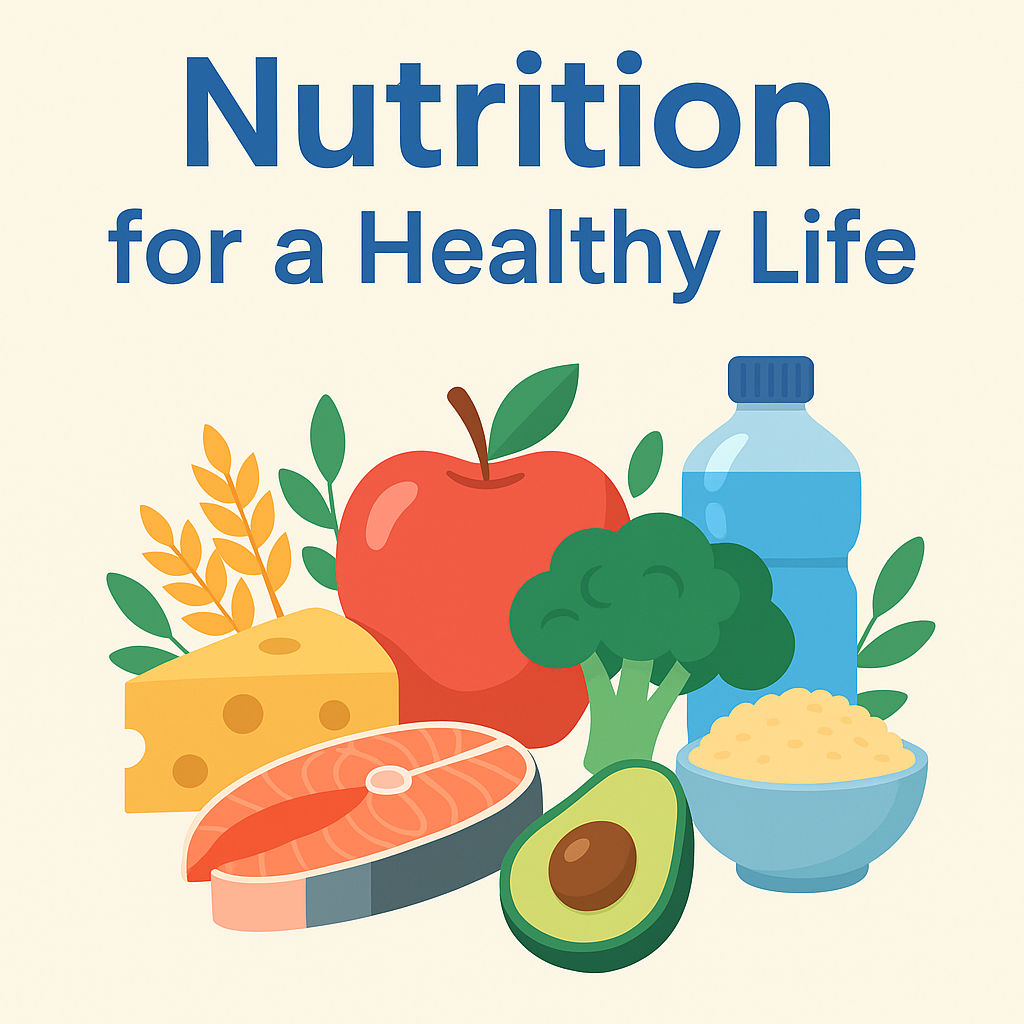 Illustration of healthy food including apple, broccoli, salmon, avocado, cheese, grains, and water, symbolizing balanced nutrition.