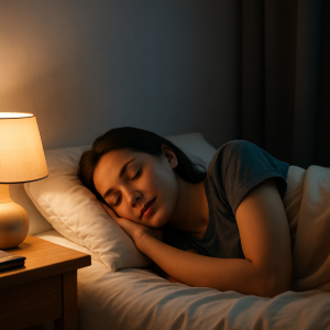 A young woman sleeping calmly in a cozy bedroom with warm lamp lighting and soft bedding