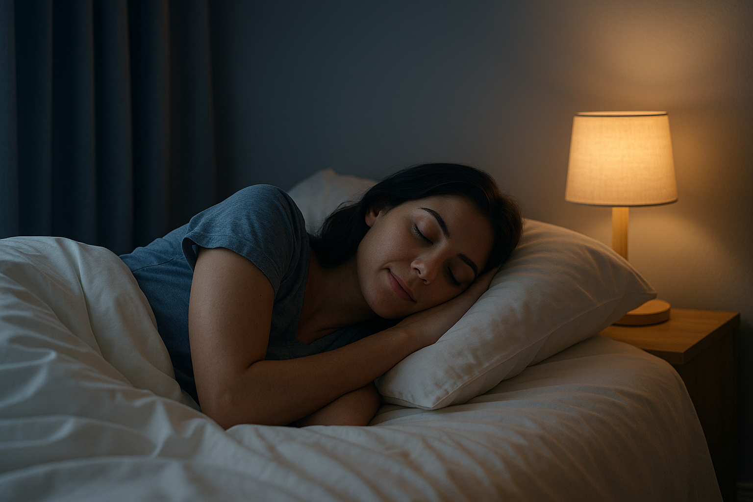 A person peacefully sleeping in a dimly lit room, representing healthy sleep and relaxation.