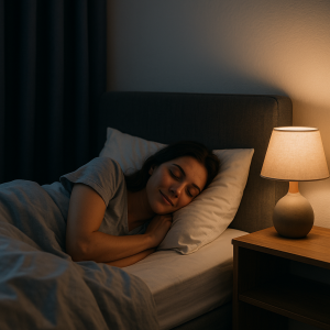 A woman peacefully sleeping on her side in a softly lit bedroom with a glowing bedside lamp