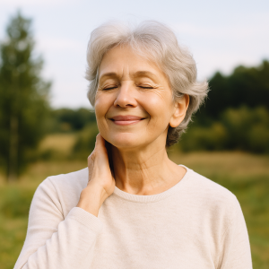 An older woman smiling peacefully while journaling at home, symbolizing confidence and healthy aging.