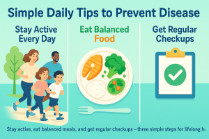 Infographic showing three daily disease prevention tips: staying active, eating balanced food, and getting regular checkups