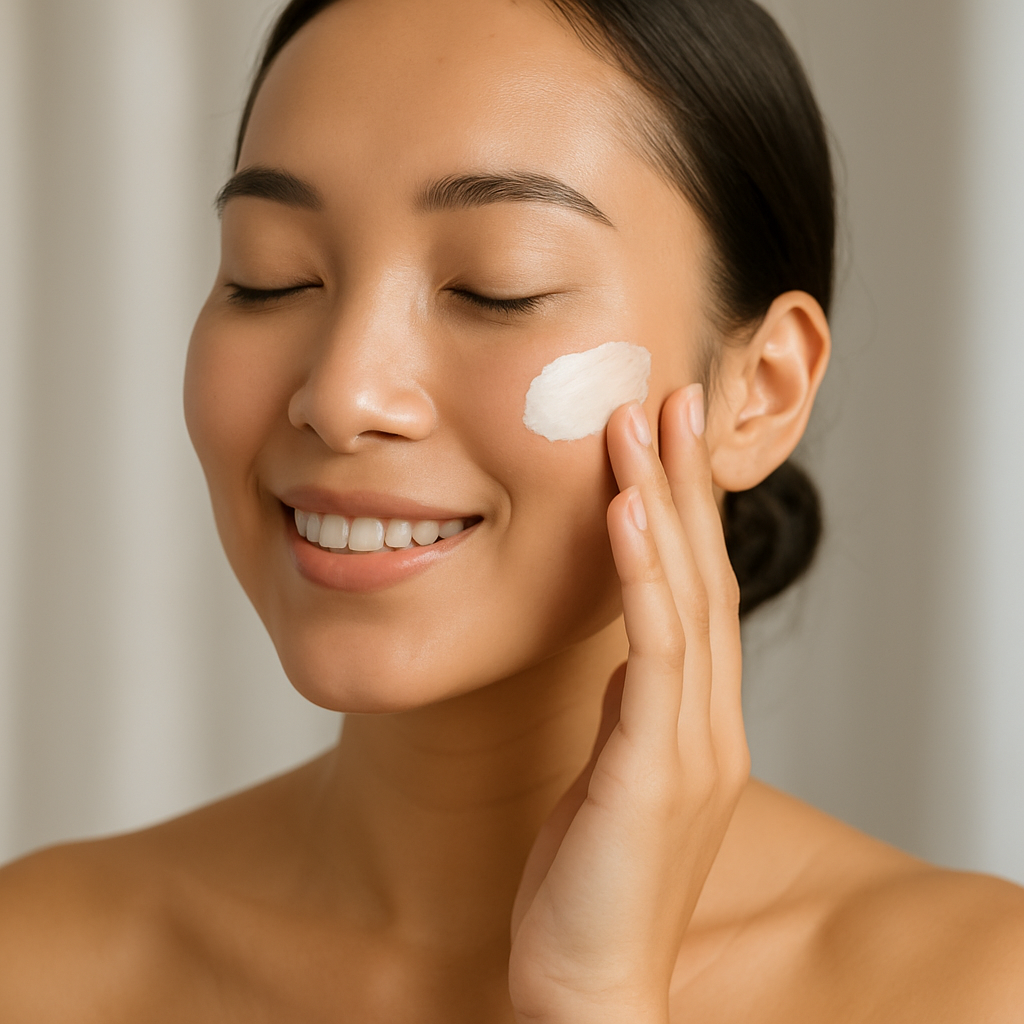 Young woman applying skincare cream with glowing skin under natural light