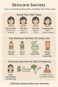 Infographic showing skincare types, daily skincare routine, and solutions for skin problems