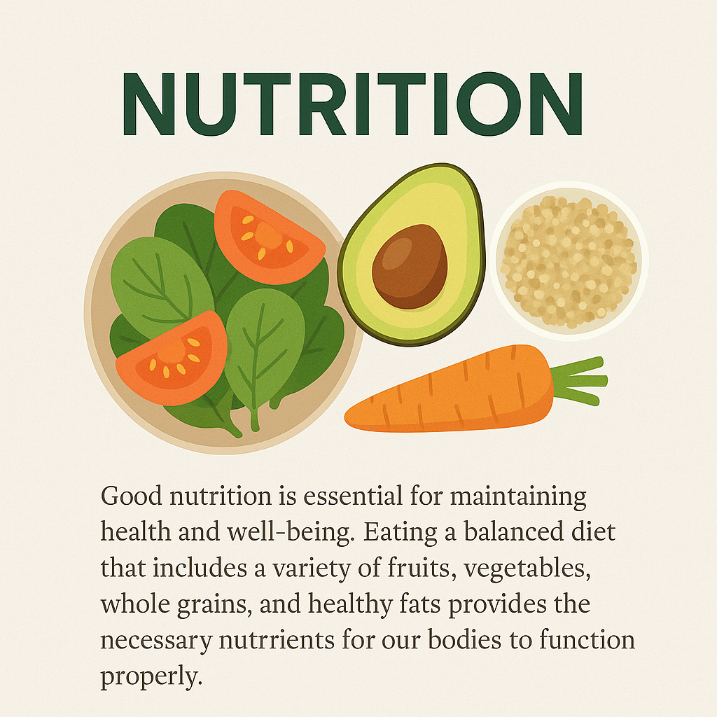 Illustration of healthy foods like avocado, spinach, and grains representing the concept of good nutrition.