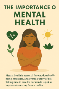 A woman meditating peacefully surrounded by mental health symbols like a brain, heart, and sun, representing mental well-being.