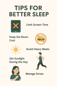 Flat-style infographic summarizing top 10 tips for better sleep habits and relaxation techniques