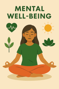 A calm woman meditating cross-legged, surrounded by symbols representing mental wellness such as a heart rate, sun, plant, and lotus flower.